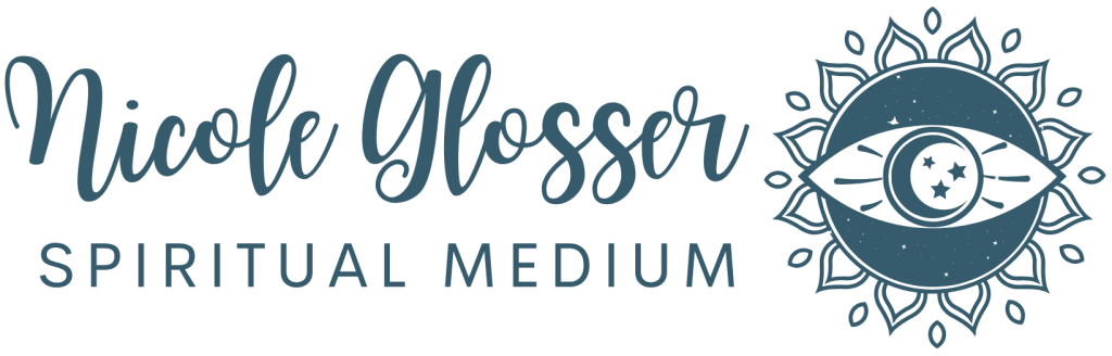 This is the logo for Nicole Glosser Spiritual Medium with those words and an image of a sun shaped eye with a crescent moon and stars as the iris. All in a dark blue color.